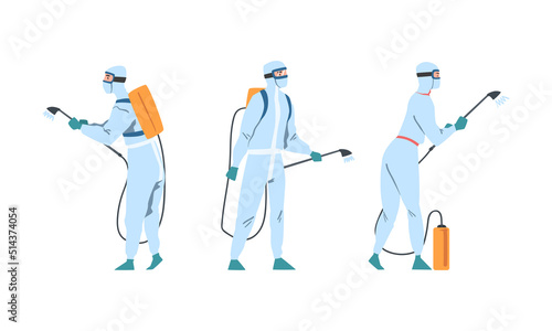 Man in Protective Antiviral Suit Spraying Disinfectant Agent as Preventive Measure Against Spread of Coronavirus Disease Vector Set