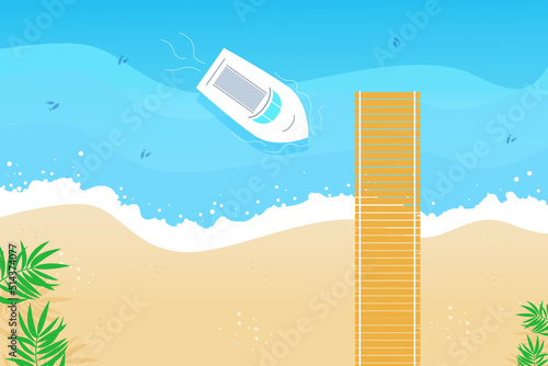 Top view of a pier on the seashore with white yacht and sandy beach. Tropical paradise. Travel and be free. Vector illustration flat design style. 
