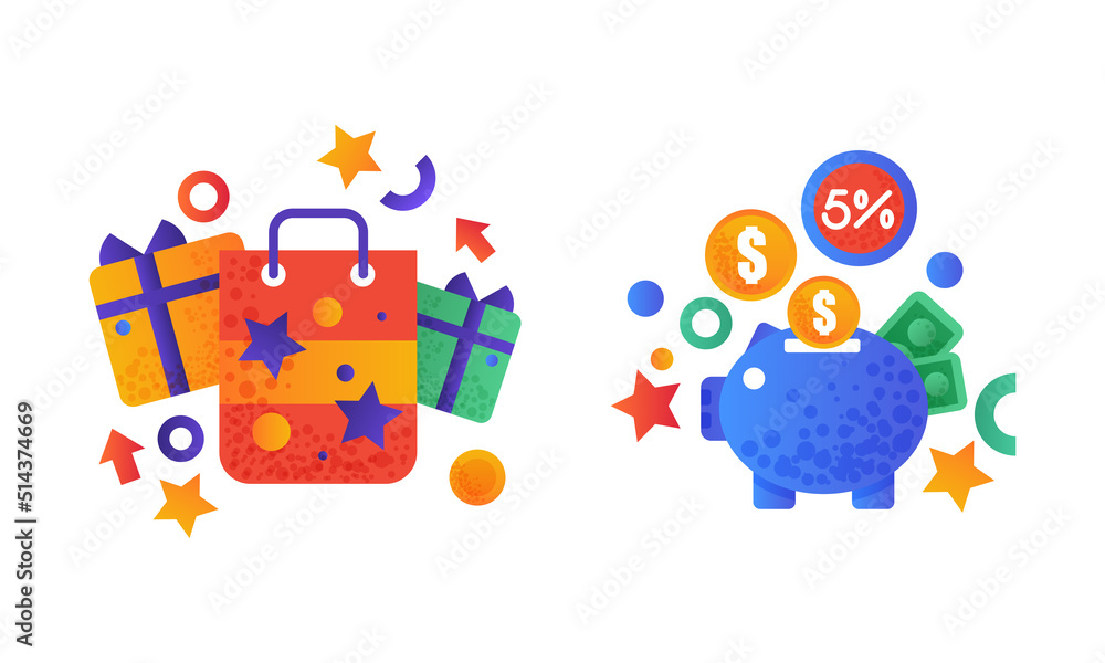 Shopping Flat and Colorful Icon with Package Bag and Piggy Bank Vector Set