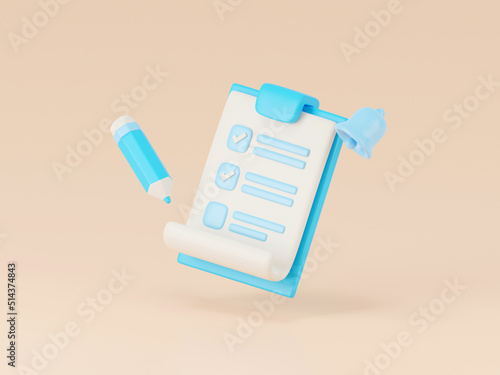 3d render of checklist clipboard and pencil.