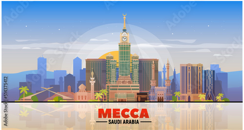 Mecca  (Saudi Arabia) city skyline vector at sky background. Flat vector illustration. Business travel and tourism concept with modern buildings. Image for banner or web site.