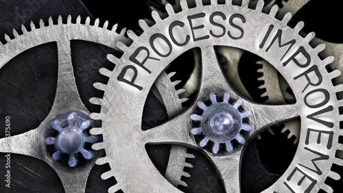 Group of rotating tooth wheels with Process Improvement sign imprinted on metal surface. High quality 4k video.