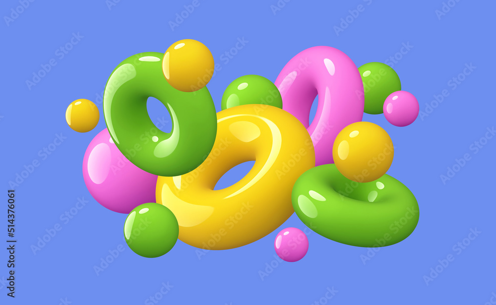 Colorful glossy rings and spheres. Swimming rings and beach balls Colorful glossy rings and spheres. Swimming rings and beach balls