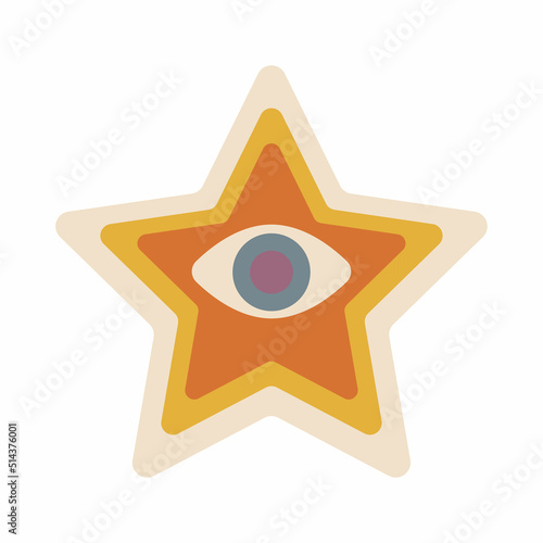 Aesthetics of the seventies, fun groovy star sticker. Crazy psychedelic eye. Love symbol graphic element. Retro design, muted colors, strokes. Vector illustration.