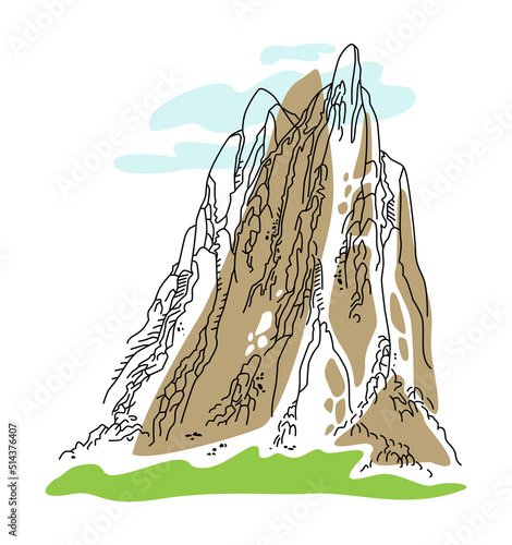 Rock and green meadow. Drawn with a black line. Contour vector drawing with colored spots on the theme of mountains and mountain tourism.