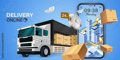 Parcel tracking app. 
delivery truck with cargo box is on a mobile phone. Online Parcel Inspection Concept.Online delivery transport logistics service. Warehouse factory express delivery box.