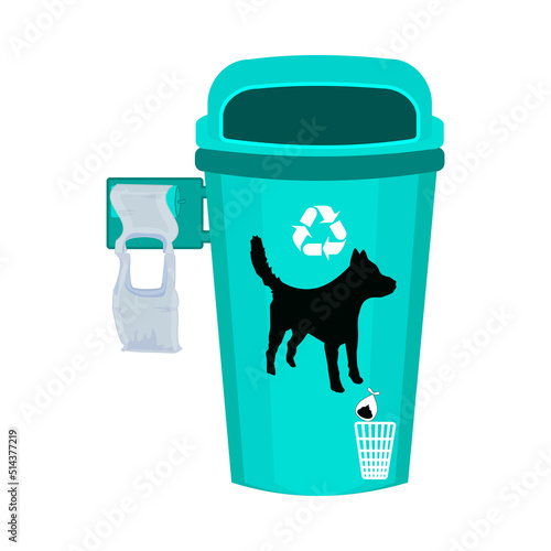 Dog waste garbage bin with disposal plastic bags isolated on white background. Disposal bags and container for dog mess. Bag and refuse box for dog poop. Clean up after your pet. Vector illustration