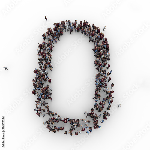 Large group of people seen from above gathered together in the shape of number zero. 0. 3d rendering