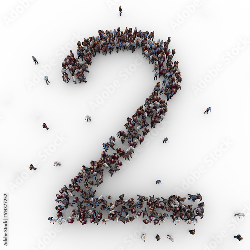 Large group of people seen from above gathered together in the shape of number two. 2. 3d rendering