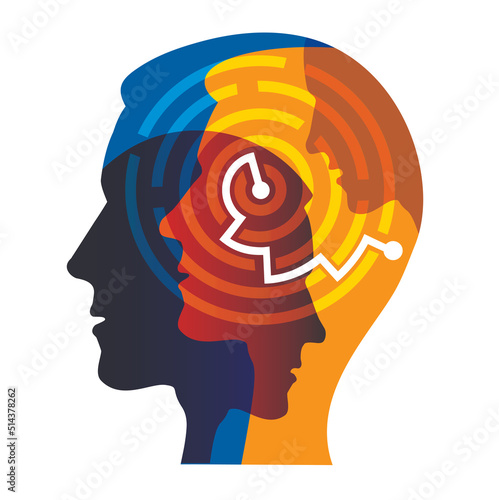 
Teamwork solution, business cooperation, maze concept.
Illustration of stylized Male heads silhouettes of young men with solved maze. Isolated on white background. Vector available.