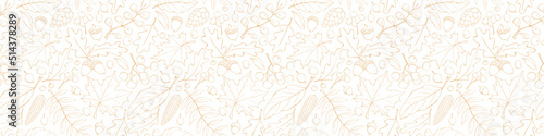 Seamless pattern falling leaves, acorns, berries, cones. Vector autumn texture in doodle style, light brown outline. Concept of forest, leaf fall, nature, thanksgiving
