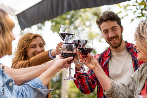 Cheerful group of young friends celebrating friendship toasting with red wine glasses having care free time outdoors - people alcohol and togetherness lifestyle concept #514379811
