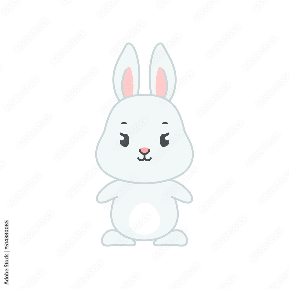 Cute bunny. Flat cartoon illustration of a little gray rabbit isolated on a white background. Vector 10 EPS.
