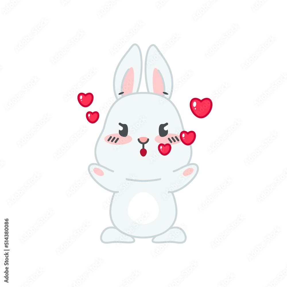 Cute bunny in love. Flat cartoon illustration of a funny little gray rabbit blowing a kiss isolated on a white background. Vector 10 EPS.
