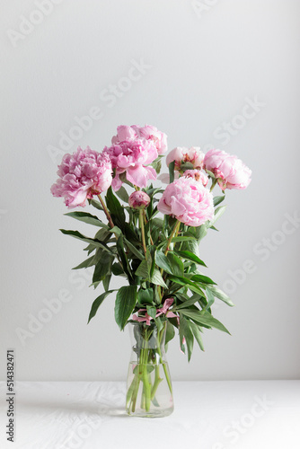 Beautiful bunch of fresh Pastel colored Pink peonies in full bloom in vase with white background