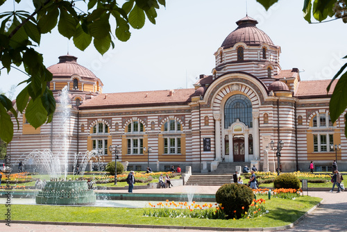 Public central baths, washhouse,bath house , historic building in Sofia, capital of Bulgaria in summer, beautiful view at fountain