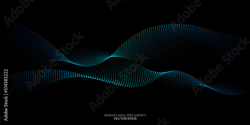 Flowing particles wave pattern, blue and green color isolated on black background. Vector in concept of AI technology, science, music.