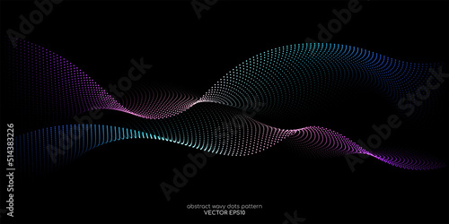 Flowing dots particles wave pattern colorful spectrum light isolated on black background. Vector in concept of AI technology, science, music.