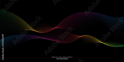 Flowing dots particles wave pattern colorful spectrum light isolated on black background. Vector in concept of AI technology, science, music. photo