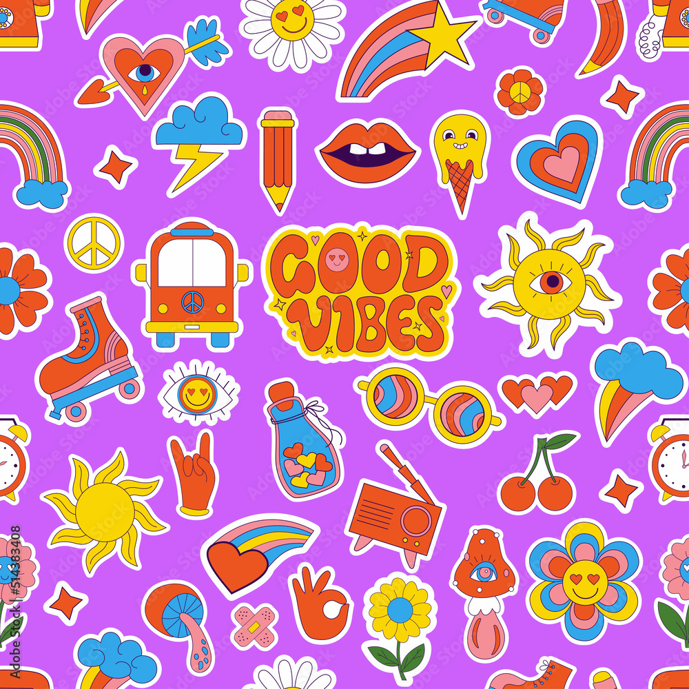 Retro Seamless vector pattern with vibes groovy elements. Nostalgia stickers things, radio commercials, bus, lettering Good vibes, cartoon funky flower power on purple background. Vector illustration. Retro Seamless vector pattern with vibes groovy elements. Nostalgia stickers things, radio commercials, bus, lettering Good vibes, cartoon funky flower power on purple background. Vector illustration.