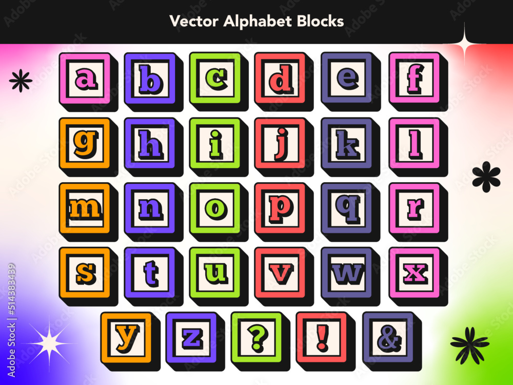 Alphabet blocks set in bold and colorful retro style. ABCs kids cubes illustration. Button font in 90s flat brutalism trend on gradient background Alphabet blocks set in bold and colorful retro style. ABCs kids cubes illustration. Button font in 90s flat brutalism trend on gradient background