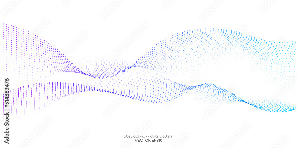 Flowing particles wave pattern, blue and purple gradient color isolated on white background. Vector in concept of AI technology, science, music, modern.