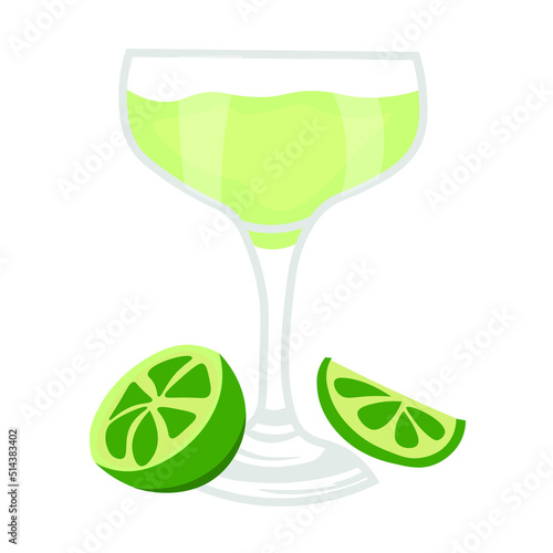 Glass of tasty daiquiri cocktail with lime on white background