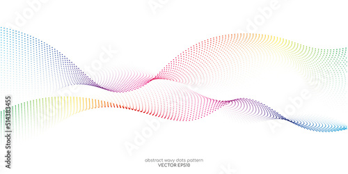 Flowing particles wave pattern, colorful spectrum colors gradient isolated on white background. Vector in concept of AI technology, science, music, modern.