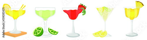 Glasses of different tasty daiquiri cocktails on white background
