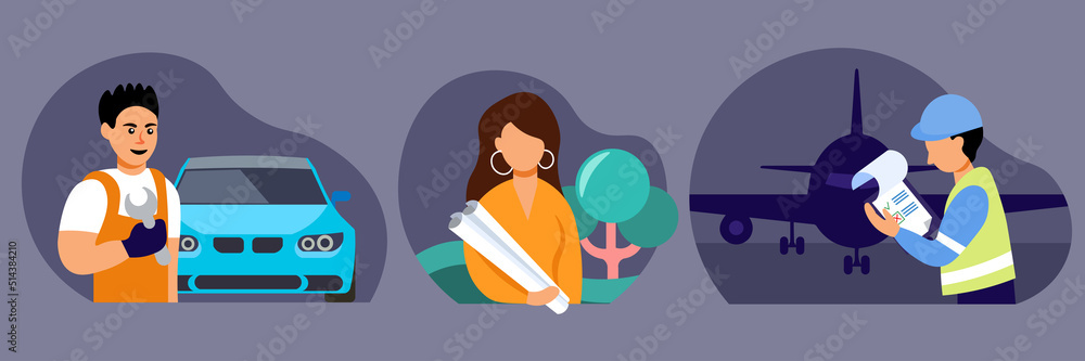 Set of illustrations with professions - auto mechanic, aircraft technician and developer. The guy with the car, the guy with the plane, the girl with the drawings - the developer Set of illustrations with professions - auto mechanic, aircraft technician and developer. The guy with the car, the guy with the plane, the girl with the drawings - the developer