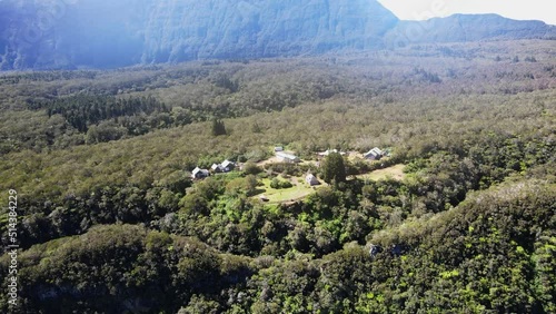Drone footage of the Belouve refuge at the Reunion island with the Belouve forest. photo