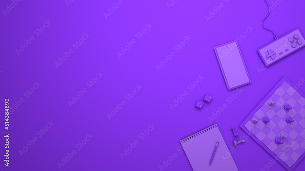 Top view of chess, joystick, phone. Board Games. Template Copy space for text. mock-up. 3d render Top view of chess, joystick, phone. Board Games. Template Copy space for text. mock-up. 3d render