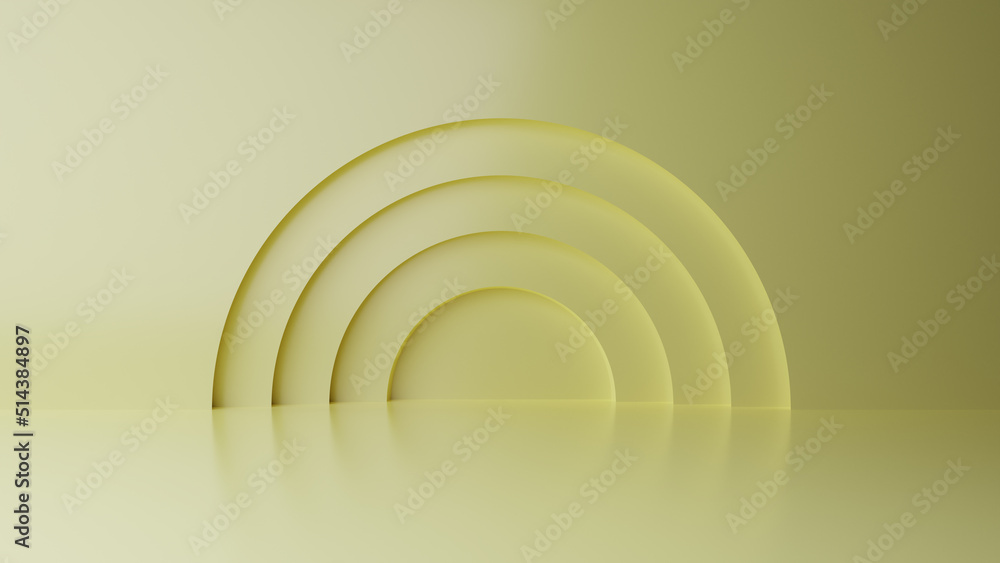 Obraz premium Abstract minimal empty podium with circle details on the wall. Empty room concept with half semi circle on natural lighting. Rendering 3d shape, product display presentation. Futuristic wall scene.