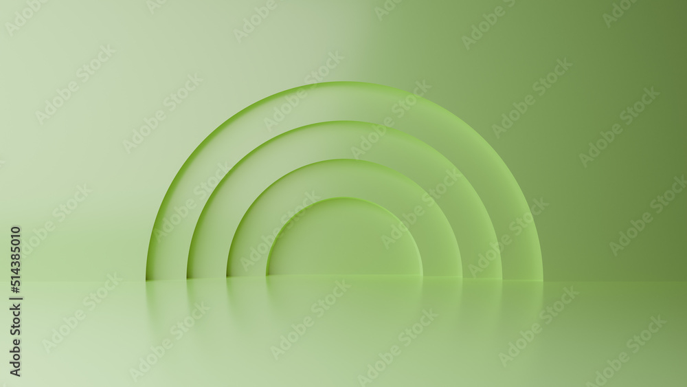 Obraz premium Abstract minimal empty podium with circle details on the wall. Empty room concept with half semi circle on natural lighting. Rendering 3d shape, product display presentation. Futuristic wall scene.