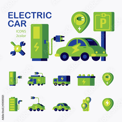 Electro vehicle flat icon set with electric eco car charge station. vector