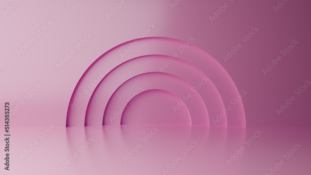 Abstract minimal empty podium with circle details on the wall. Empty room concept with half semi circle on natural lighting. Rendering 3d shape, product display presentation. Futuristic wall scene. Abstract minimal empty podium with circle details on the wall. Empty room concept with half semi circle on natural lighting. Rendering 3d shape, product display presentation. Futuristic wall scene.