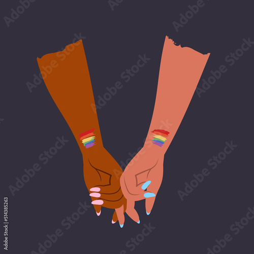 People of different skin holding hands. Lgbt couple, family, community with lgbtg emblems, rainbow, flag. Gender, diversity, unity concept. Vector flat illustration for poster, card, banner, sticker