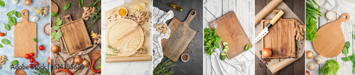 Photographie Set of wooden cutting boards with knife, fresh vegetables and spices on table, t
