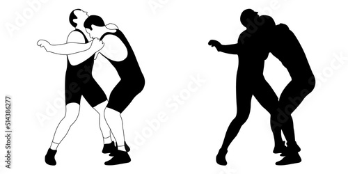 Silhouette outline of wrestler athlete in wrestling, duel, fight. Greco Roman, freestyle, classical wrestling.