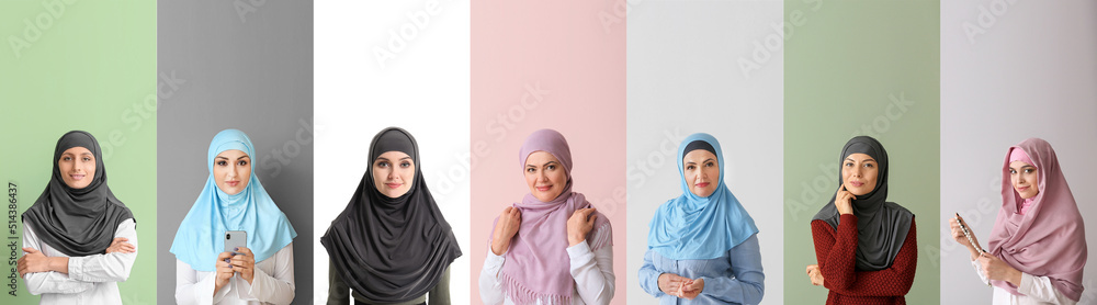 Set of beautiful Arab women on colorful background Set of beautiful Arab women on colorful background