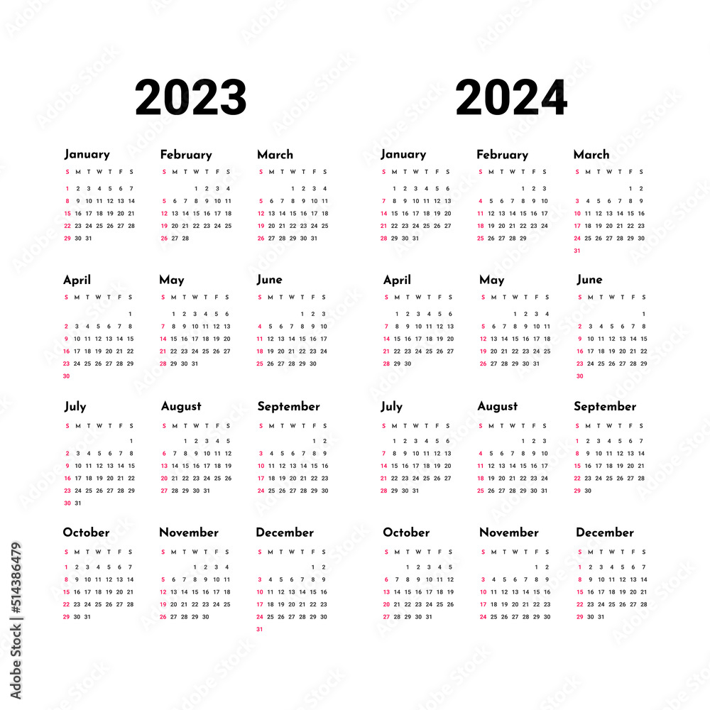 Simple calendar set for 2023 - 2024 years. Simple editable vector calender Simple calendar set for 2023 - 2024 years. Simple editable vector calender