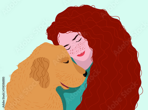 The red-haired girl hugs her dog.