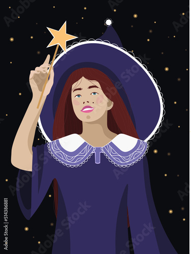 A girl in a witch costume with a magic wand celebrates Halloween.