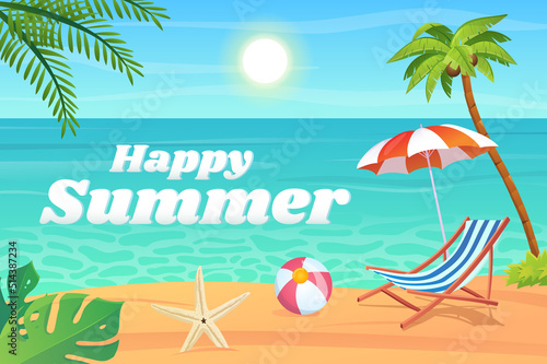 Happy summer background in flat cartoon design. Wallpaper with sea beach, blue water, lounger, umbrella, ball, starfish, palm and tropical leaves. Vector illustration for poster or banner template