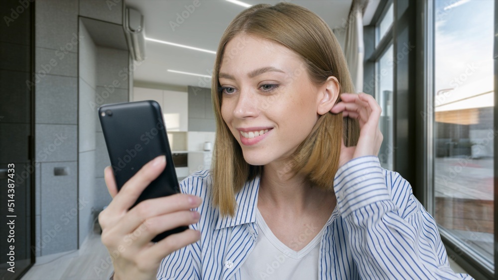 Pretty young girl looking at camera, fixing hair, makeup, preening, preparing for date. Pretty young girl looking at camera, fixing hair, makeup, preening, preparing for date.