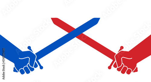 Sword fight. War. Crossed swords in the hands of opponents. The fight between good and evil. Flat vector illustration isolated on white background.