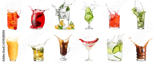 Set of different drinks with splashes isolated on white photo