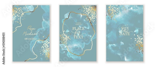 Set of vertical backgrounds. Turquoise, white watercolor fluid painting vector design. Dusty pastel, neutral and golden marble. Dye elegant soft splash style. Alcohol ink imitation. Wedding cards.
