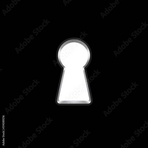 Realistic keyhole. Light keyhole glow on a dark wall. 3D vector illustration isolated on black.