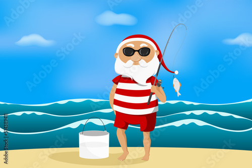 Santa caught fish. Vector illustration.
